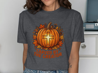 Dark grey t-shirt with carved pumpkin, cross, and autumn leaves.