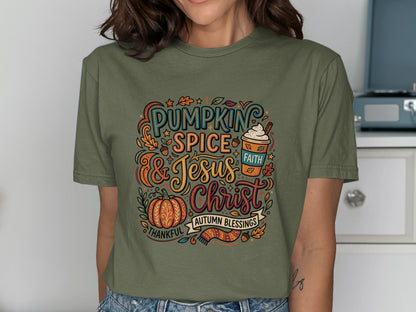 Green t-shirt with "Pumpkin Spice & Jesus" autumn blessings graphic.