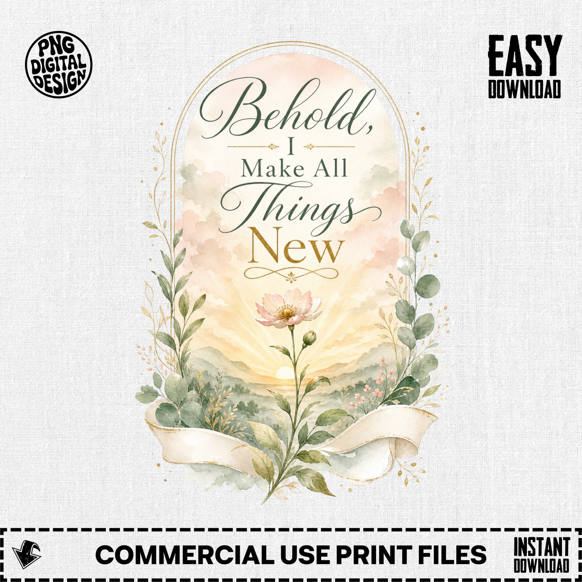 Behold, I Make All Things New text with floral and landscape watercolor design.