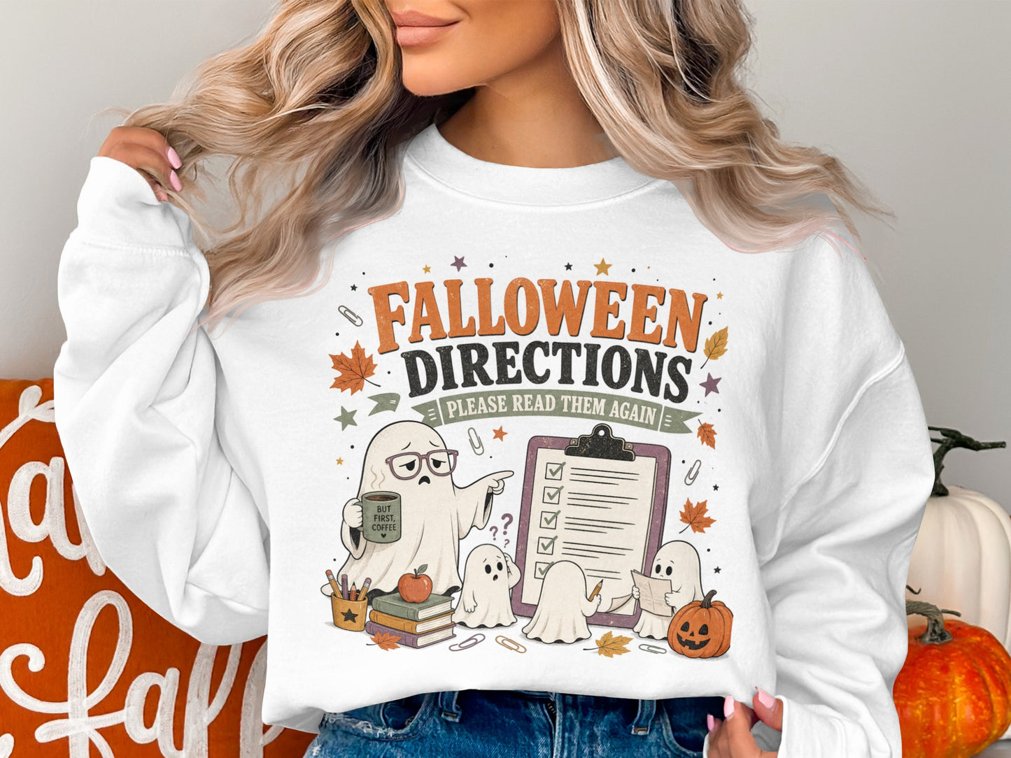 "Falloween Directions Please Read Them Again" graphic with ghosts and Halloween elements.