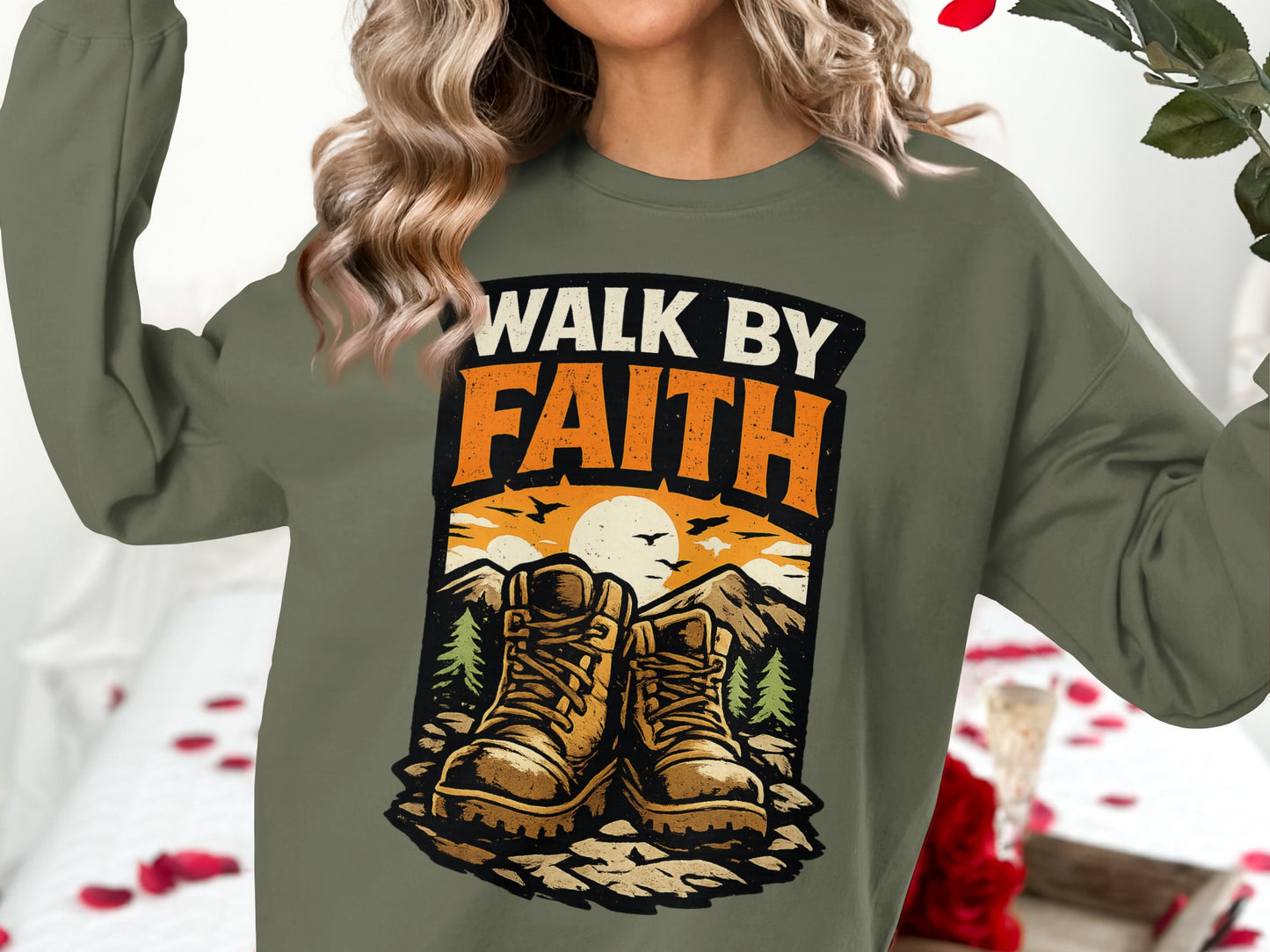 Green sweatshirt with "Walk by Faith" text and hiking boots graphic.