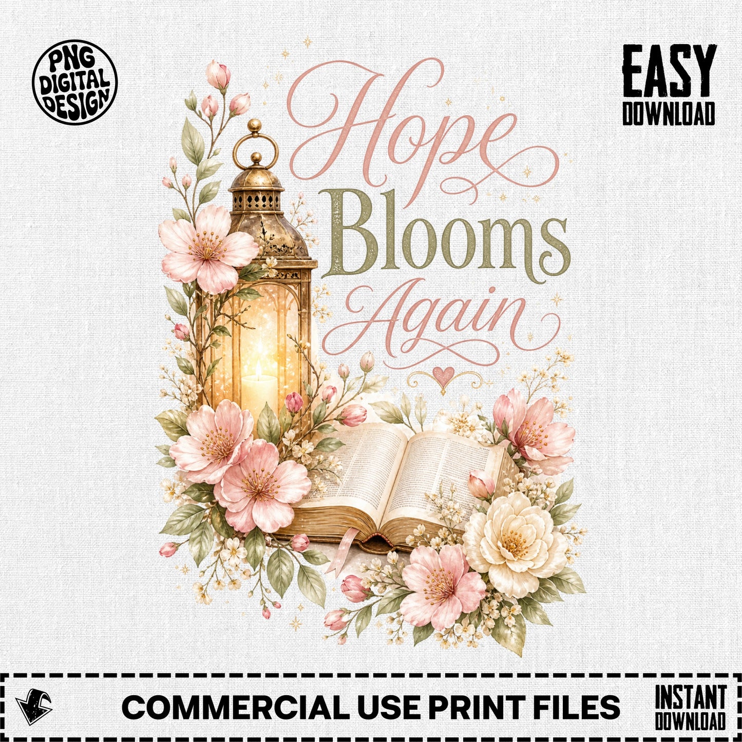 Open book with a lantern and flowers, text reads "Hope Blooms Again".