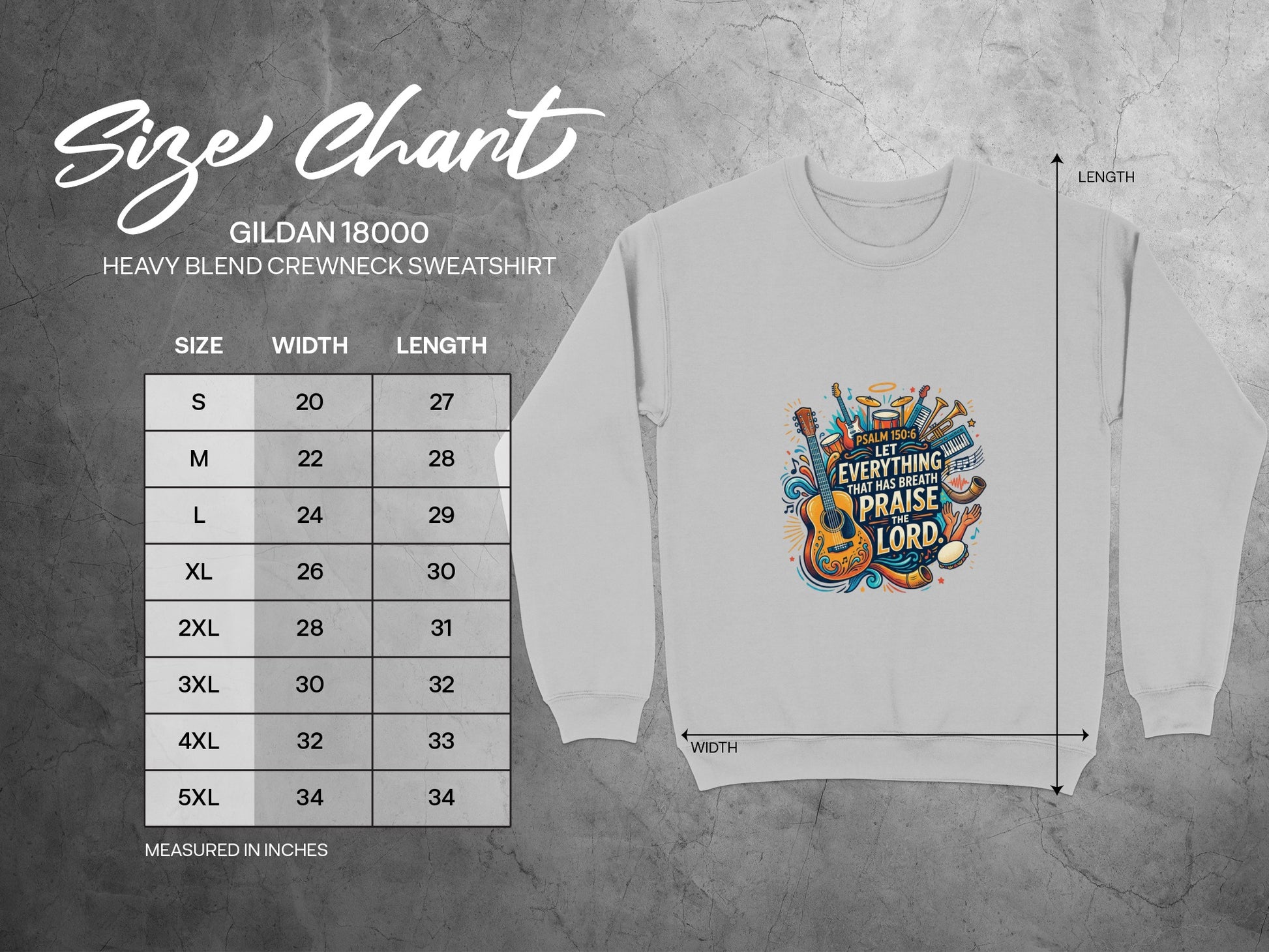 Gildan 18000 sweatshirt size chart with measurements and inspirational graphic.