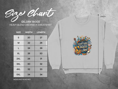 Gildan 18000 sweatshirt size chart with measurements and inspirational graphic.