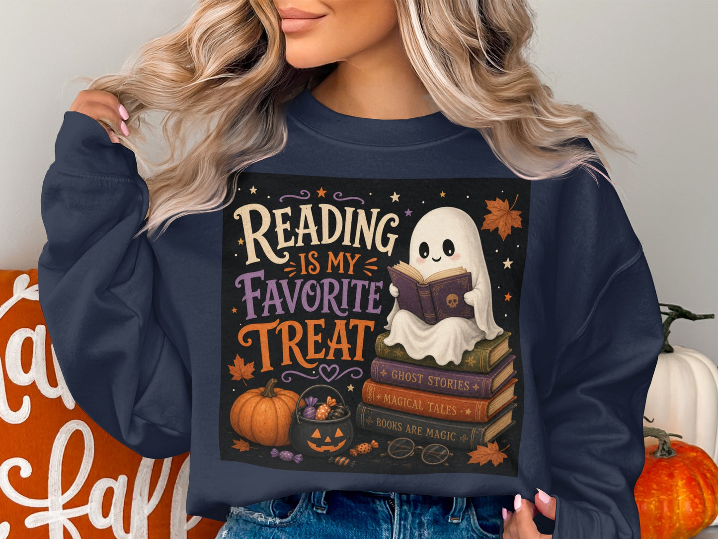 Ghost reading on books with text "Reading is my favorite treat."