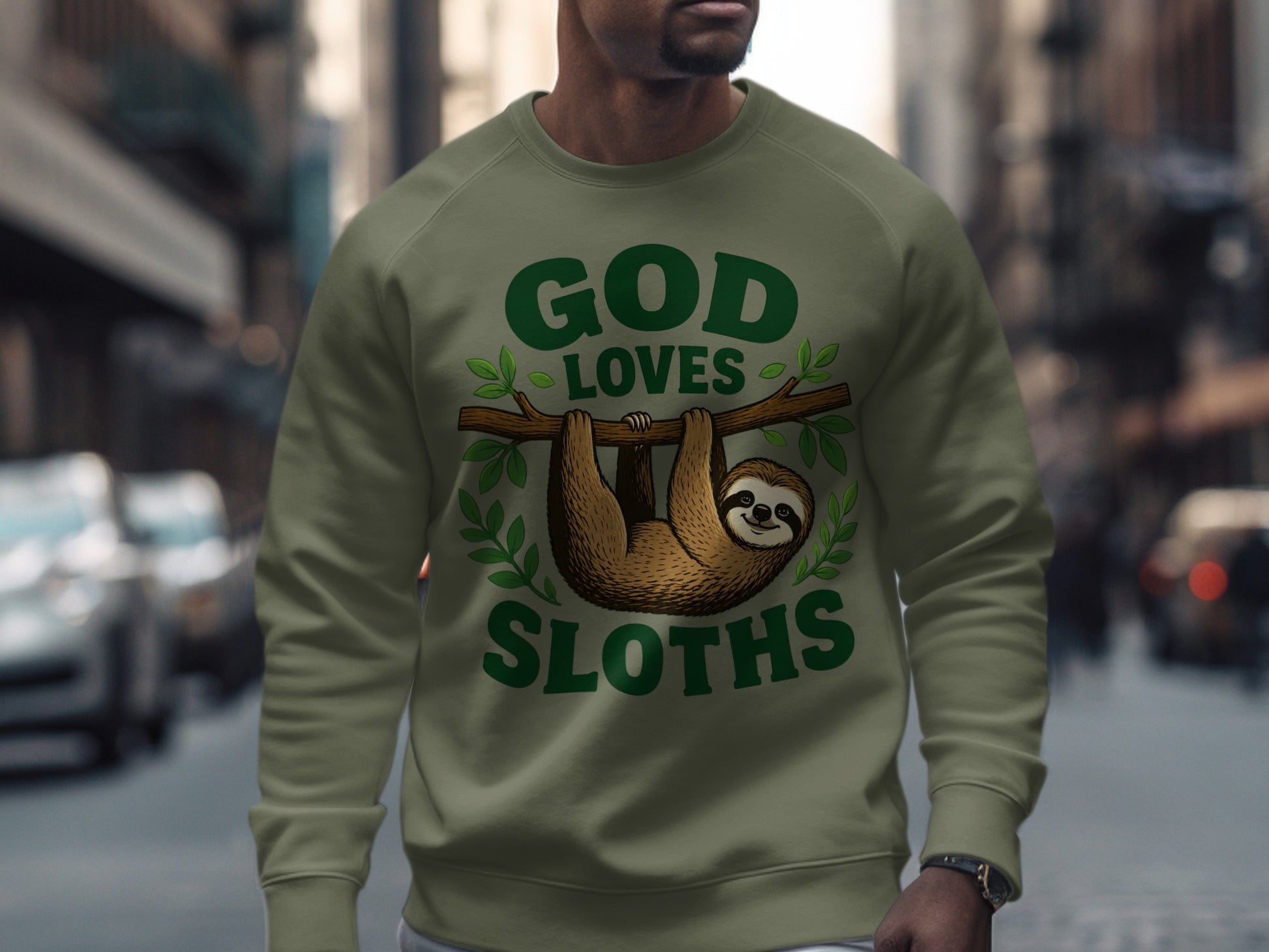 Green sweatshirt with sloth graphic and text "God Loves Sloths".