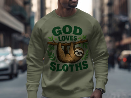Green sweatshirt with sloth graphic and text "God Loves Sloths".