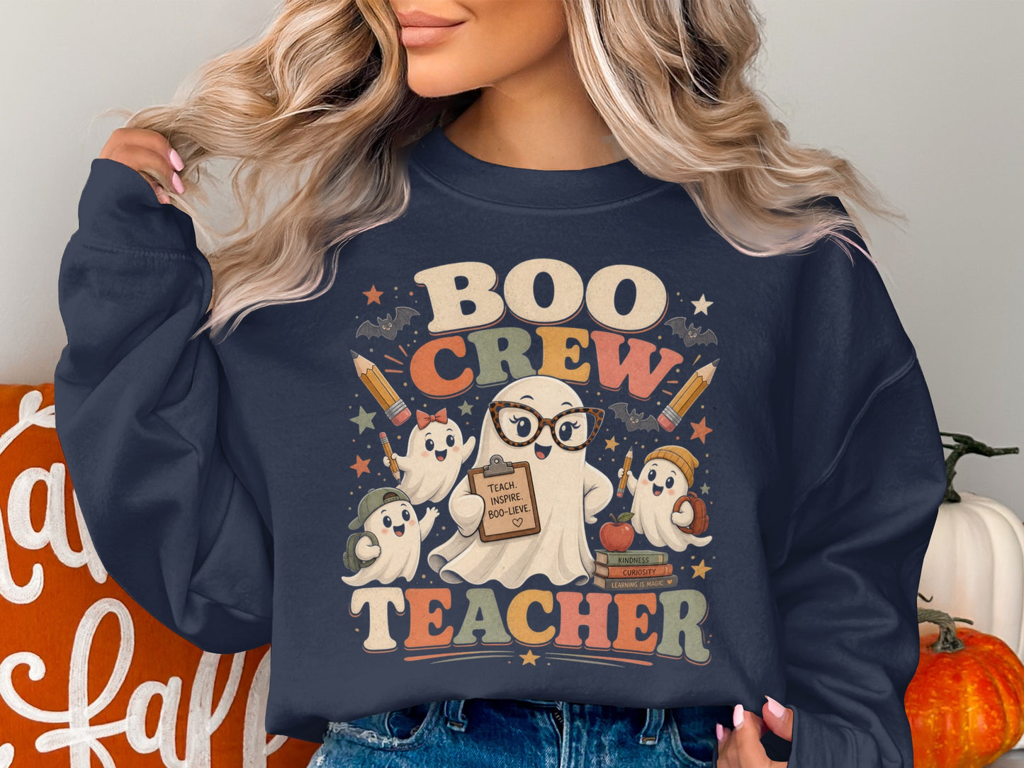 Boo Crew Teacher graphic with ghosts, bats, pencils, and books.