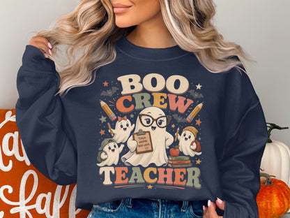 Boo Crew Teacher graphic with ghosts, bats, pencils, and books.