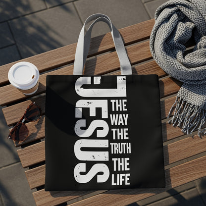 Black tote bag with "JESUS THE WAY THE TRUTH THE LIFE" text.