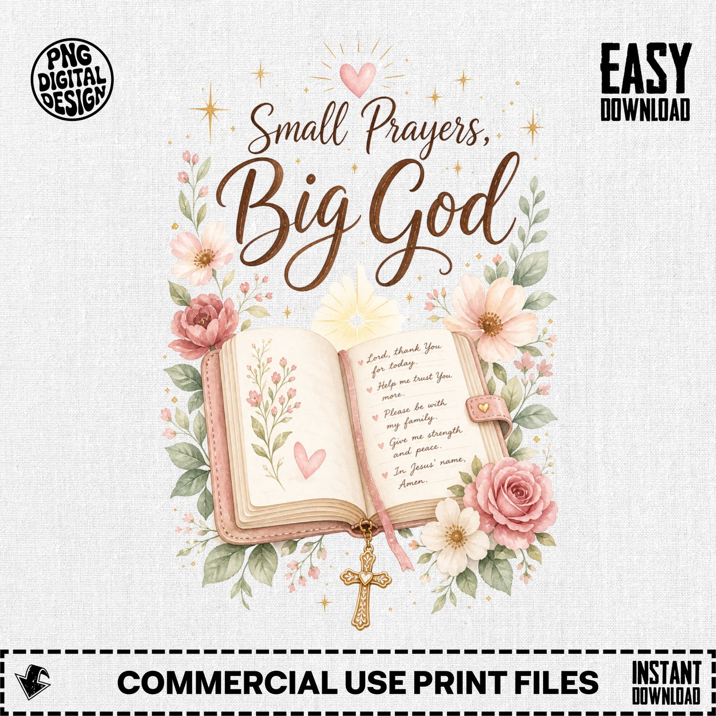 "Small Prayers, Big God" text with open book, cross, and floral embellishments.