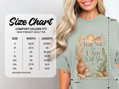 Comfort Colors 1717 heavyweight adult tee size chart showing width and length measurements.