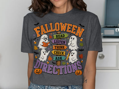 Halloween shirt with ghosts and a directional signpost that reads "Read, Listen, Think, Check, Ask Directions."