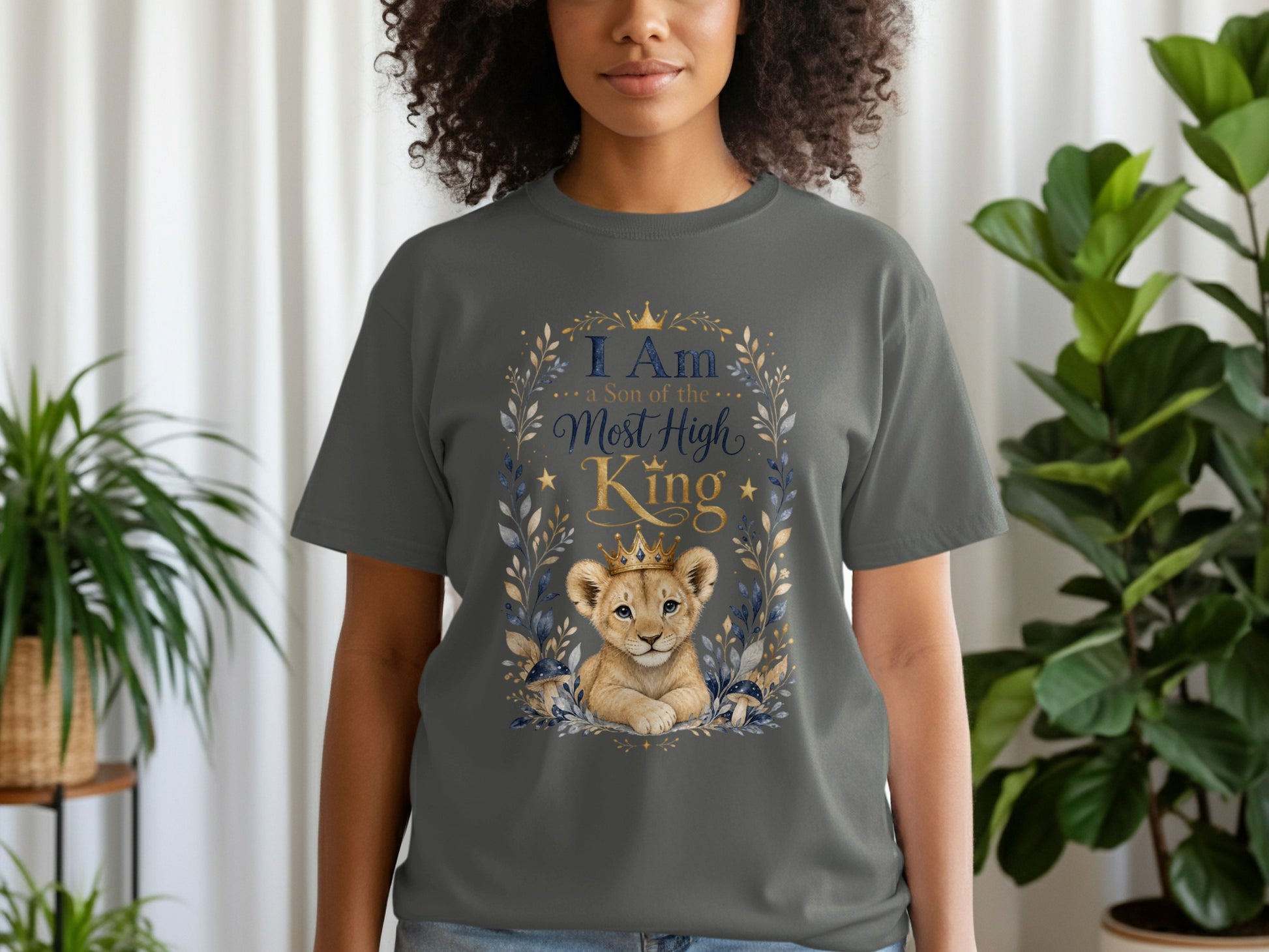 Gray t-shirt with a crowned lion cub and text that reads "I Am a Son of the Most High King."