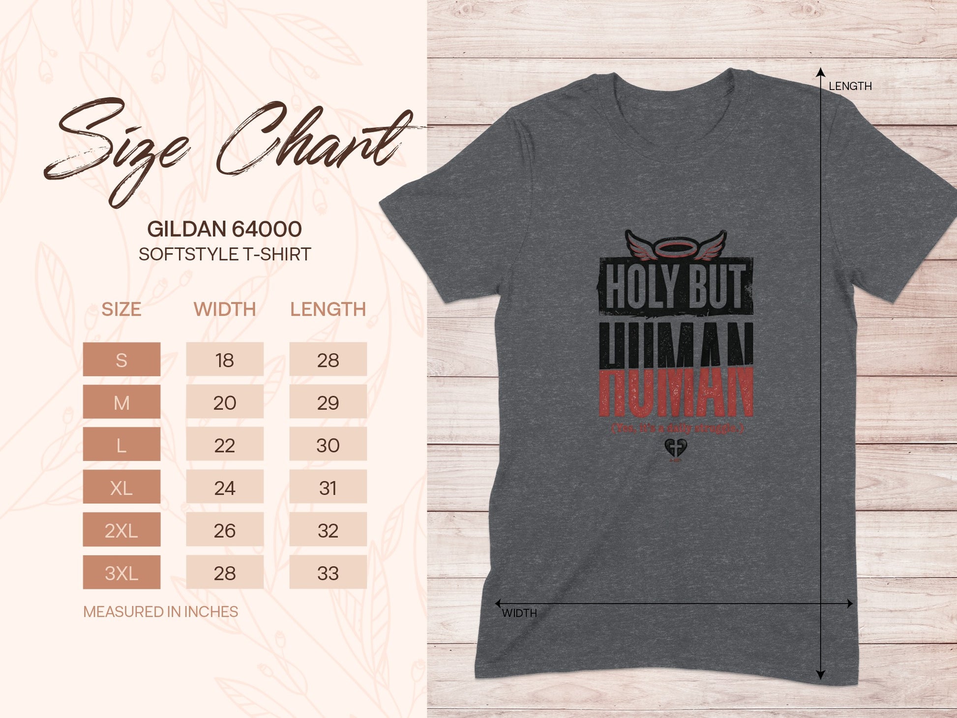 Gildan 64000 t-shirt size chart with dimensions for width and length.