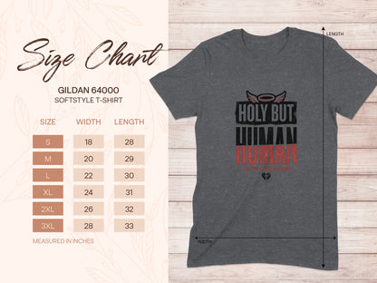 Gildan 64000 t-shirt size chart with dimensions for width and length.