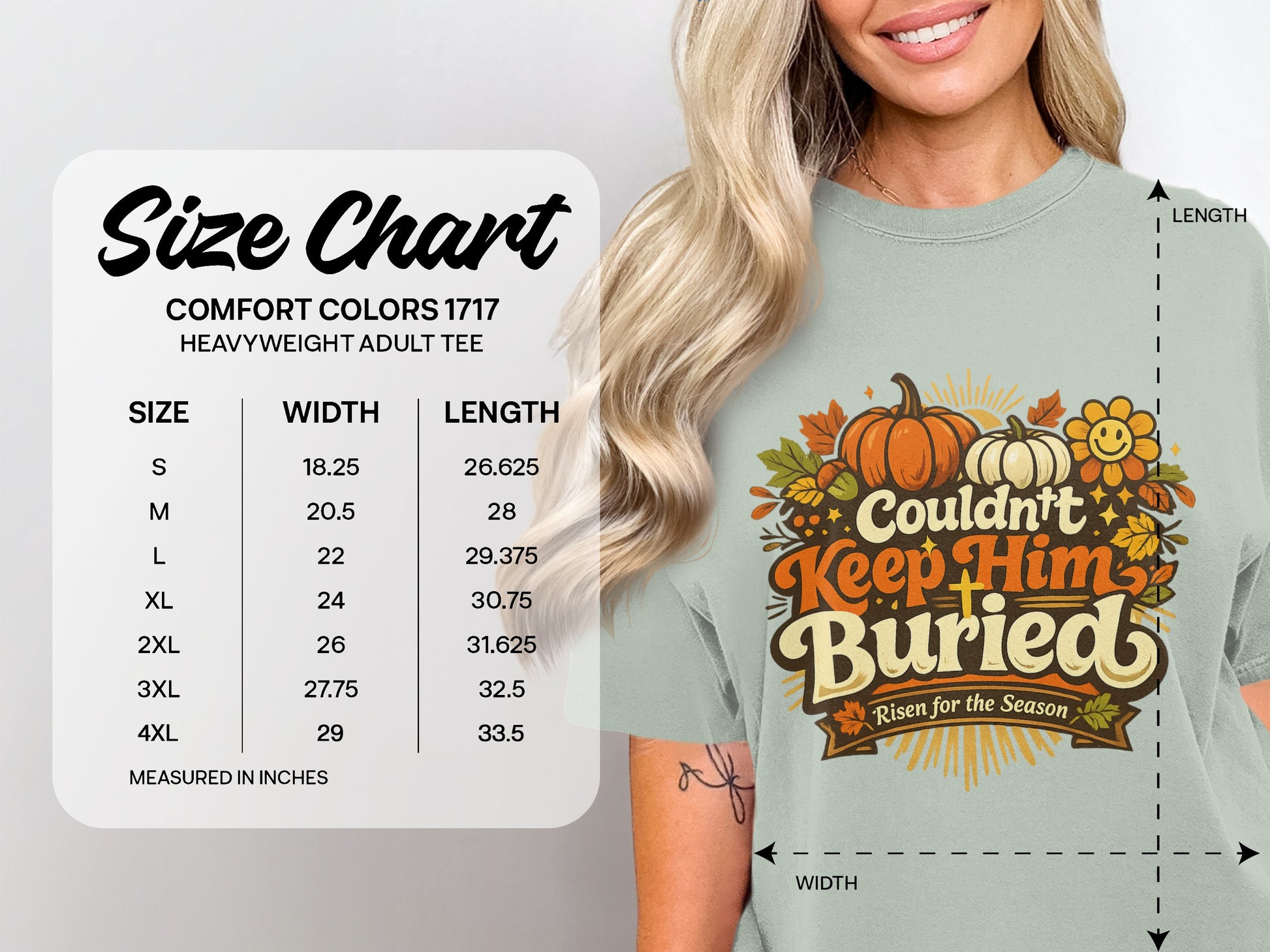 Comfort Colors 1717 heavyweight adult tee size chart with width and length measurements.