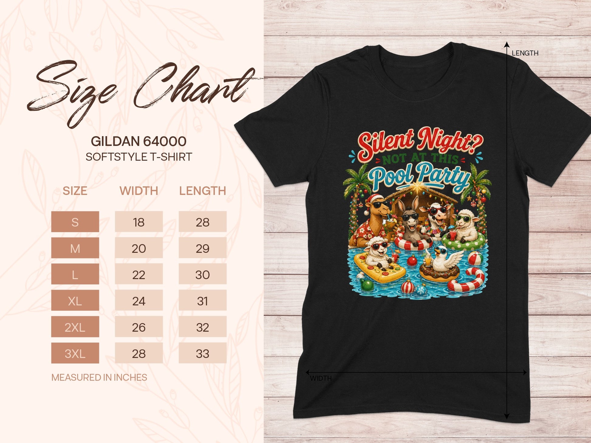 Gildan 64000 Softstyle t-shirt size chart with "Silent Night? Not at this Pool Party" graphic.