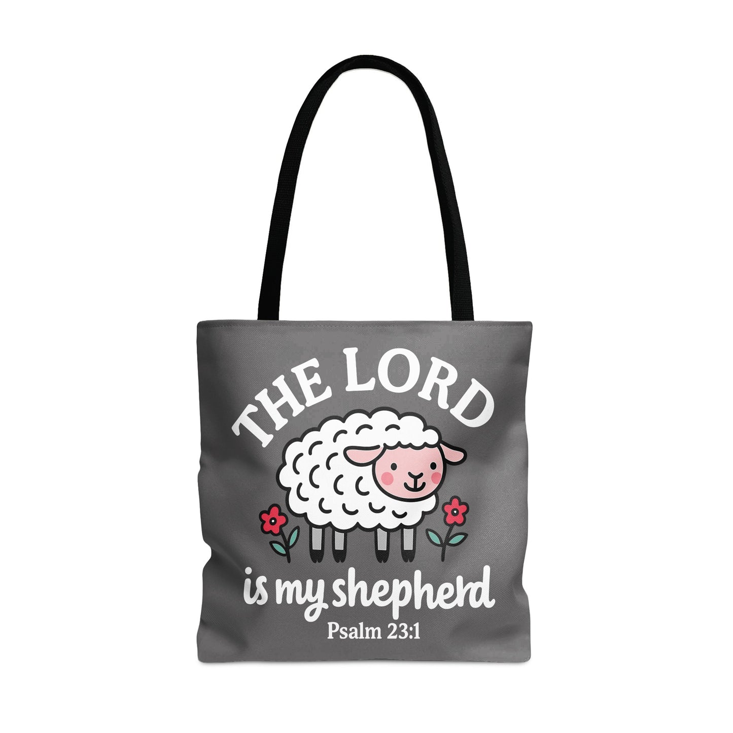Gray tote bag with cartoon sheep, "The Lord is my shepherd" and Psalm 23:1.