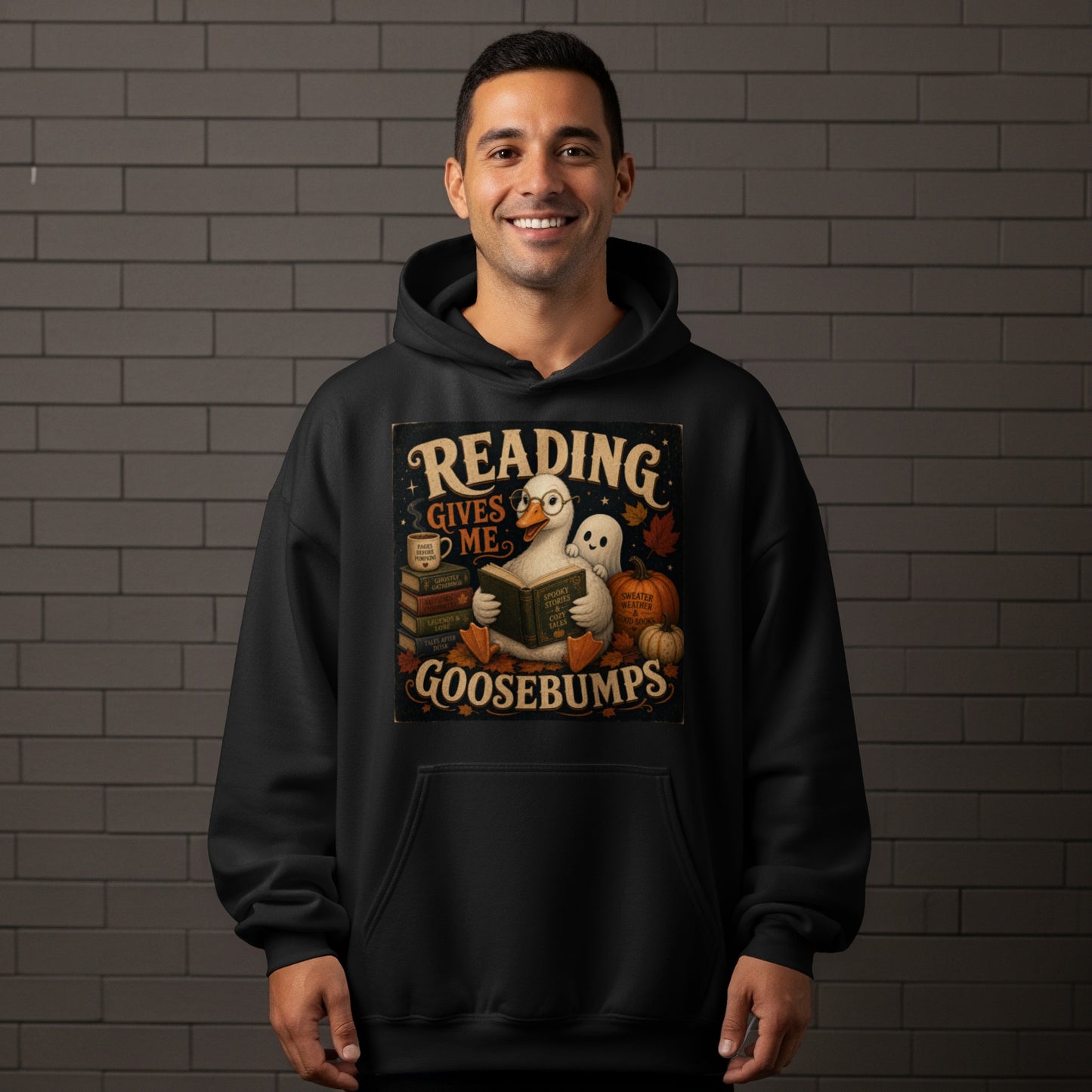 Duck reading a book with ghosts and pumpkins, "Reading Gives Me Goosebumps."