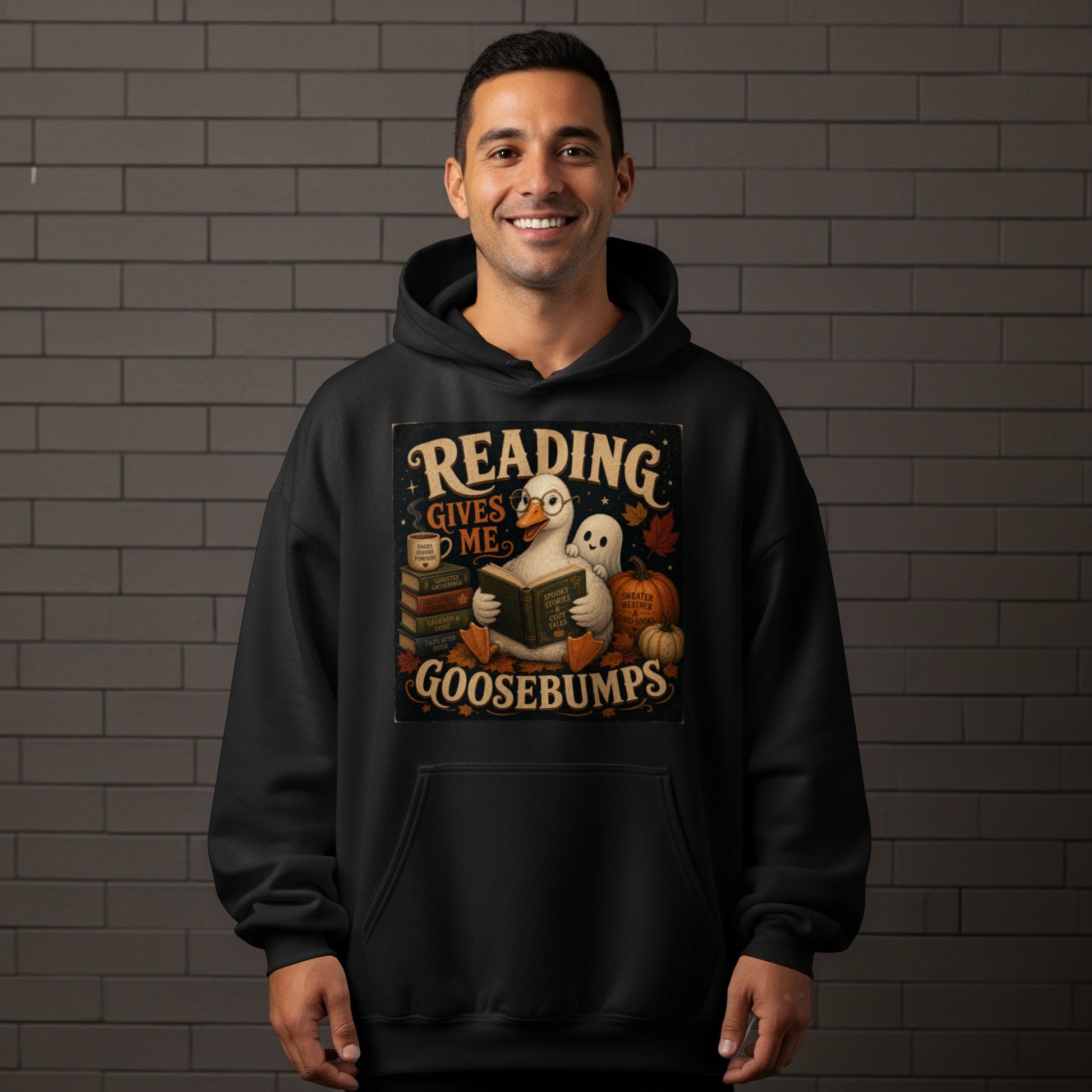Duck reading a book with ghosts and pumpkins, "Reading Gives Me Goosebumps."