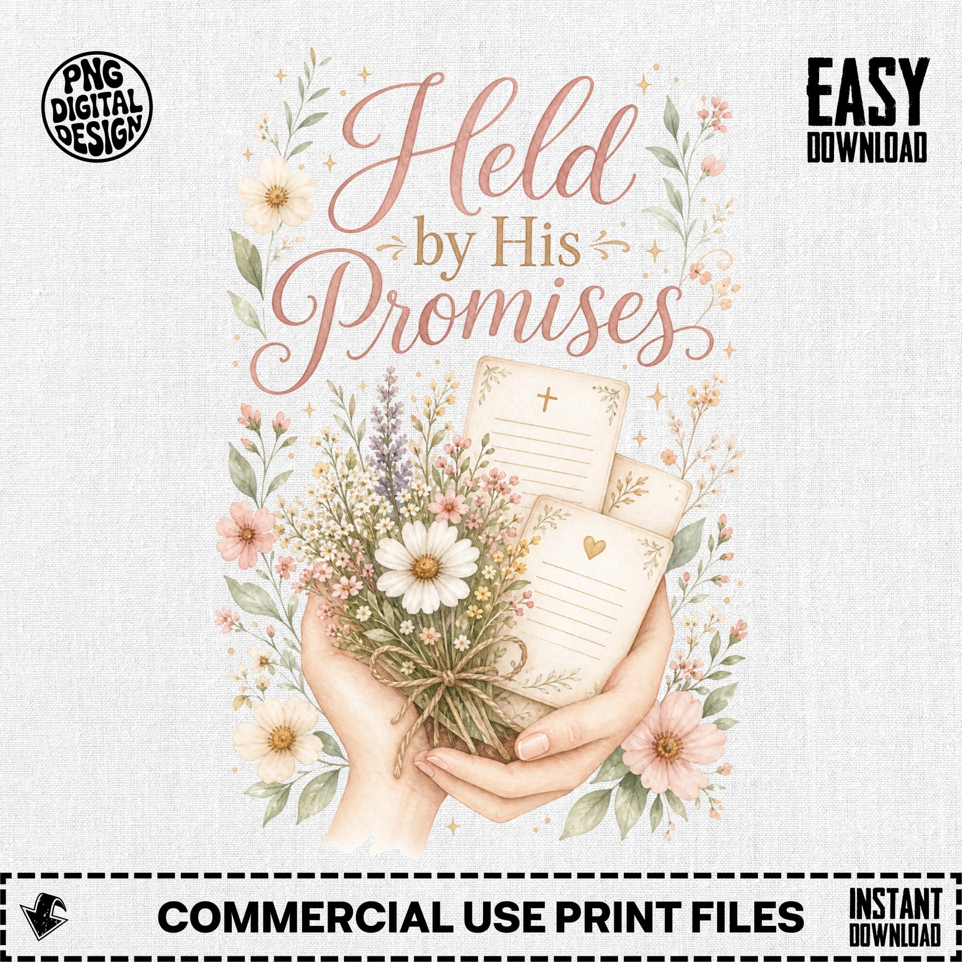 Hands hold bouquet of flowers with "Held by His Promises" text.
