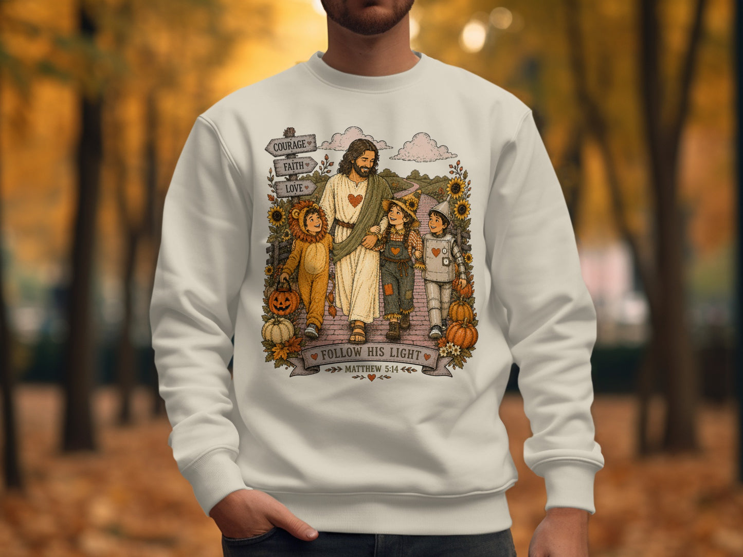 Jesus with children in costumes, following a path with inspirational signs.