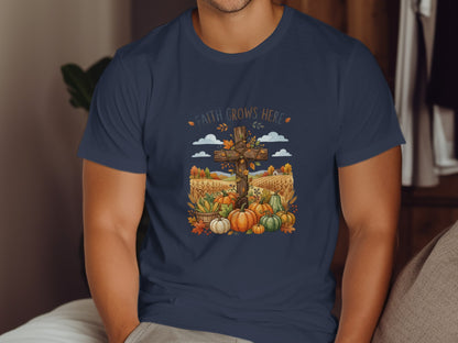 Navy t-shirt with "Faith Grows Here" text and harvest cross with pumpkins and corn.