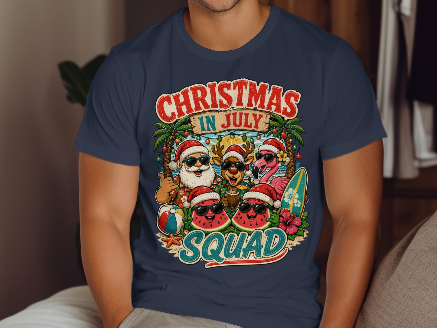"Christmas in July Squad" graphic with Santa, reindeer, and watermelons on a t-shirt.
