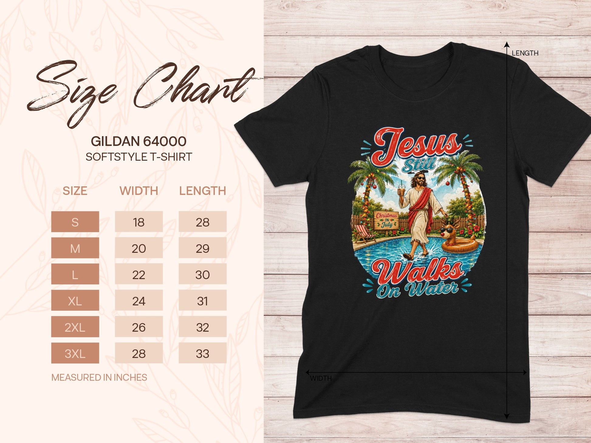 Gildan 64000 softstyle t-shirt size chart with Jesus graphic.