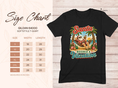 Gildan 64000 softstyle t-shirt size chart and graphic of Santa in a hammock.