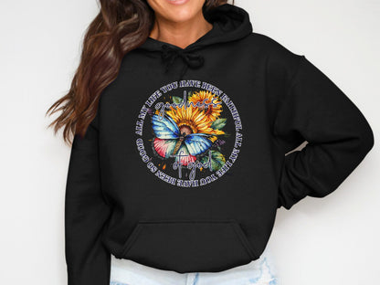 Black hoodie with graphic of sunflower, butterfly, and text.