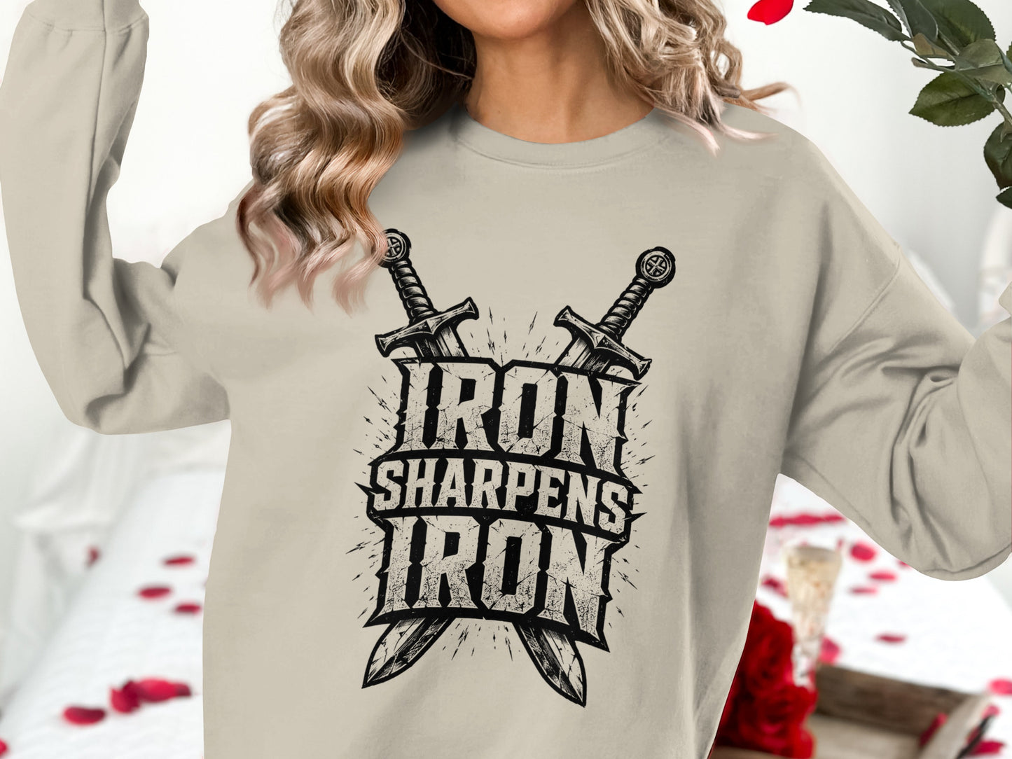 Crewneck sweatshirt with crossed swords and text "Iron Sharpens Iron".