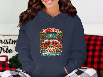 Navy hoodie with "Christmas in July is my Love Language" watermelon hearts graphic.