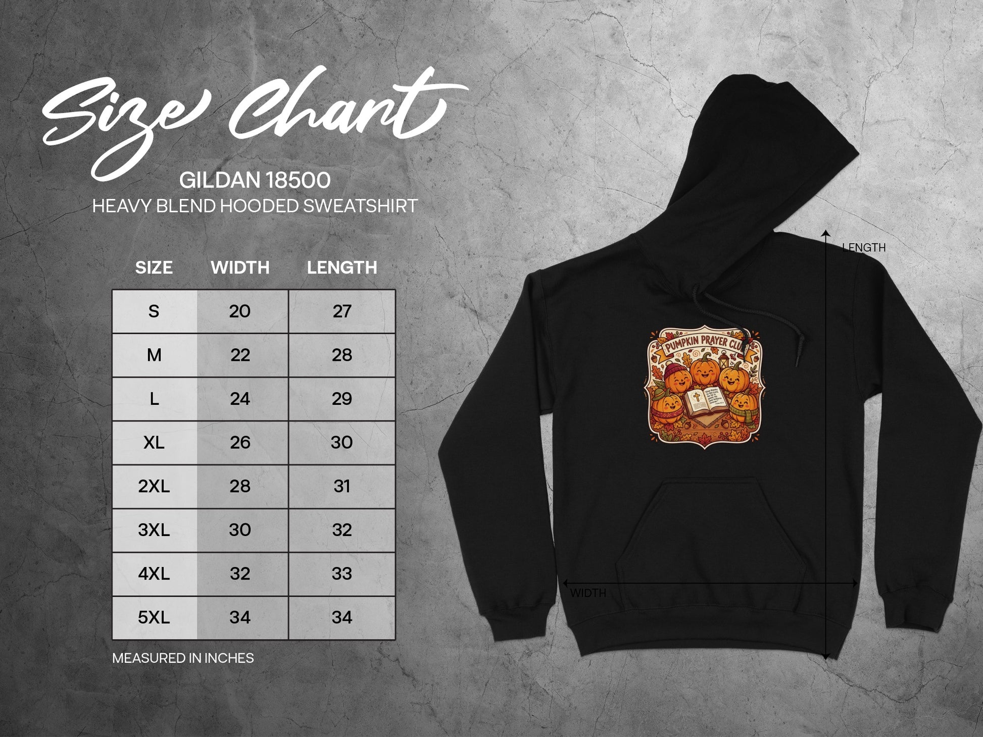 Gildan 18500 hooded sweatshirt size chart with measurements.
