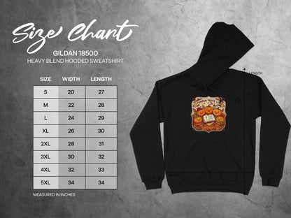 Gildan 18500 hooded sweatshirt size chart with measurements.