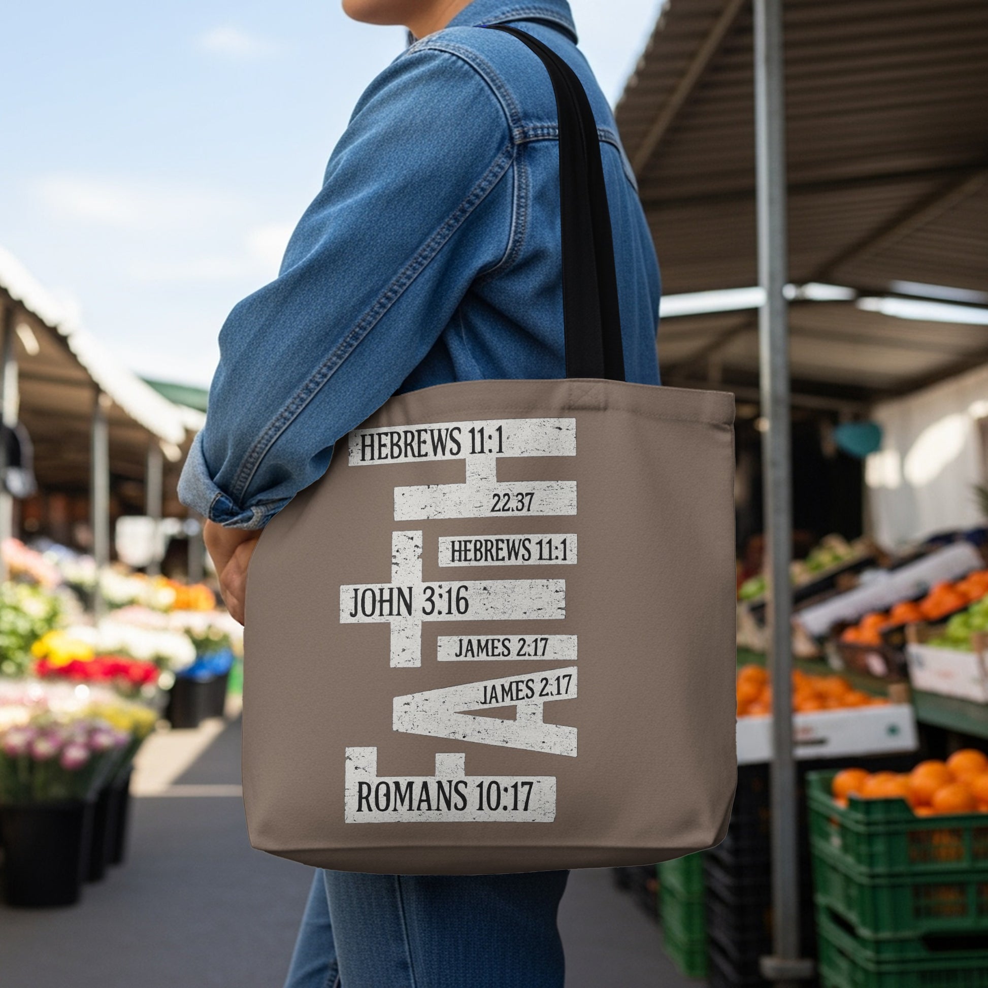 Tote bag with Bible verses: Hebrews 11:1, John 3:16, James 2:17, Romans 10:17.