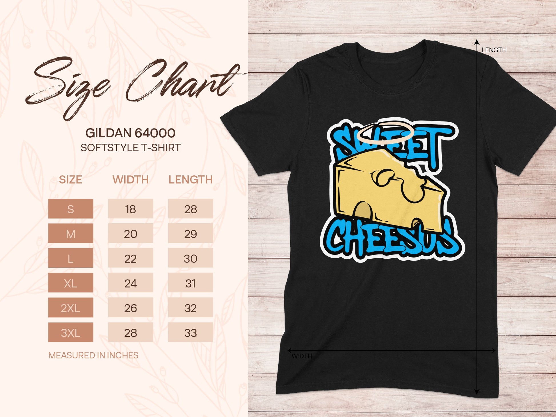 Gildan 64000 size chart with t-shirt graphic saying "Sweet Cheesus".