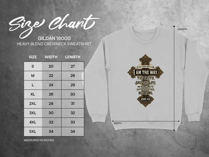Gildan 18000 sweatshirt size chart with garment measurements and John 14:6 Bible verse.