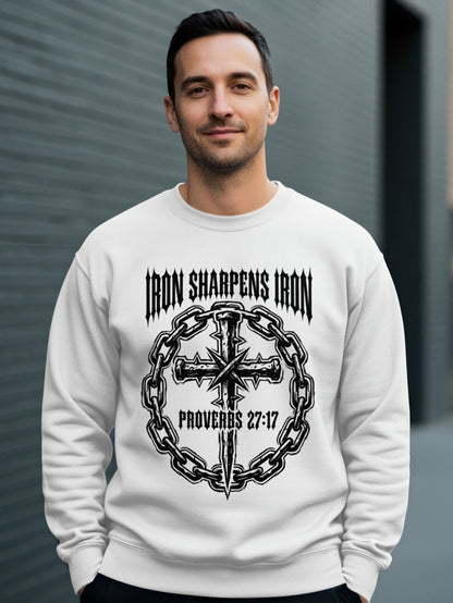 White crewneck sweatshirt with "Iron Sharpens Iron" and cross graphic.
