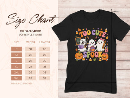 Black t-shirt with "Too Cute To Spook" graphic and a Gildan 64000 size chart.