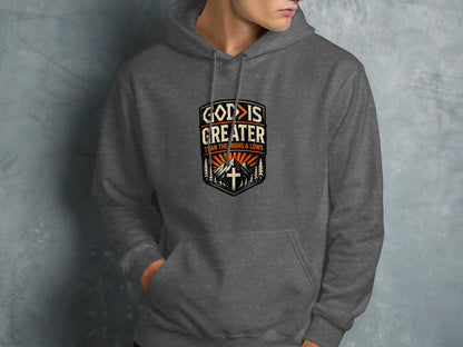 Dark gray hoodie with "God is Greater Than The Highs & Lows" shield design.