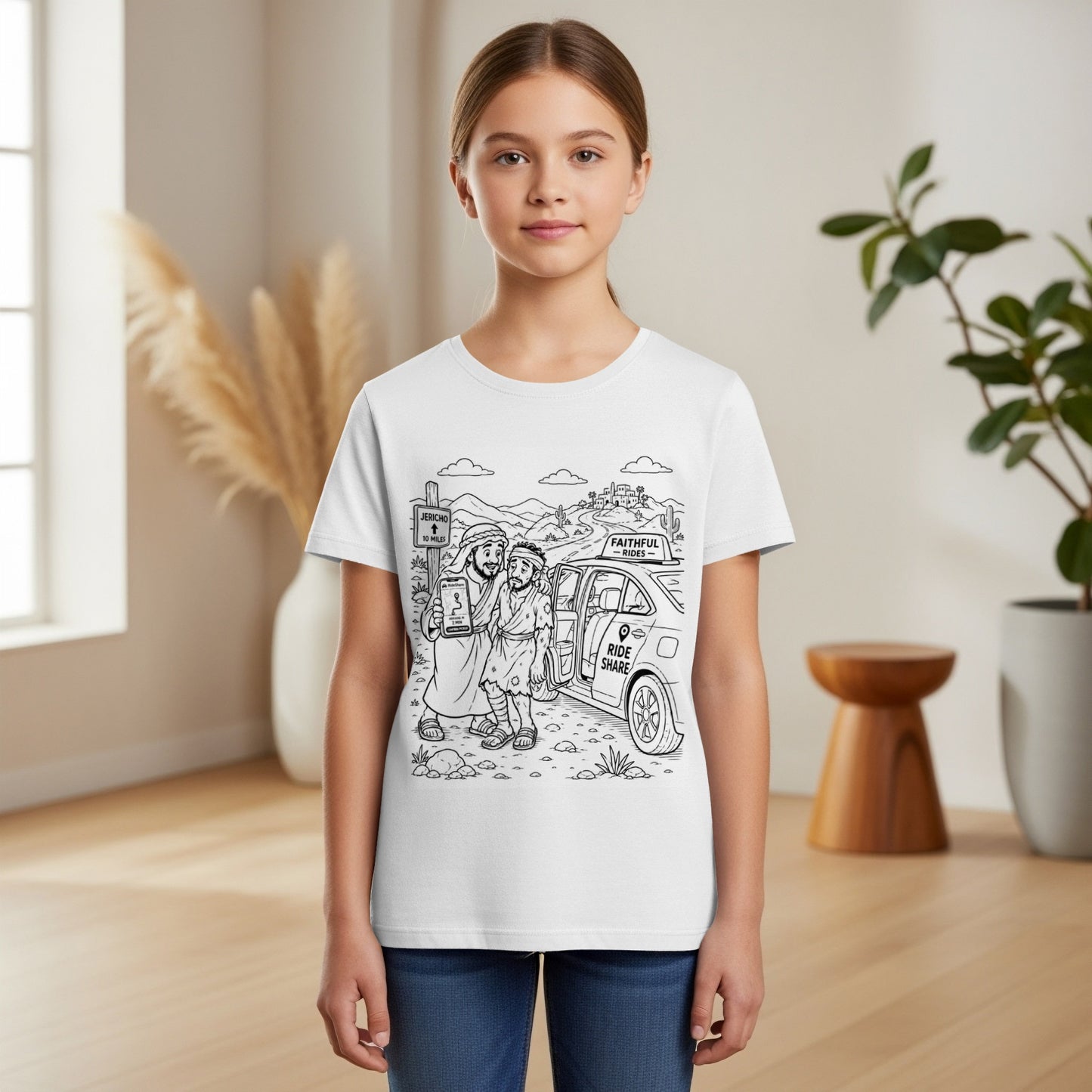 Jesus in a "Faithful Rides" t-shirt and a man stand by a car with a sign.