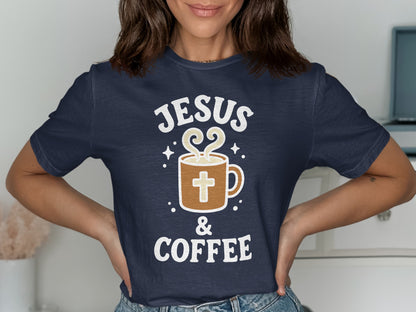 Navy t-shirt with "Jesus & Coffee" and a coffee cup graphic.