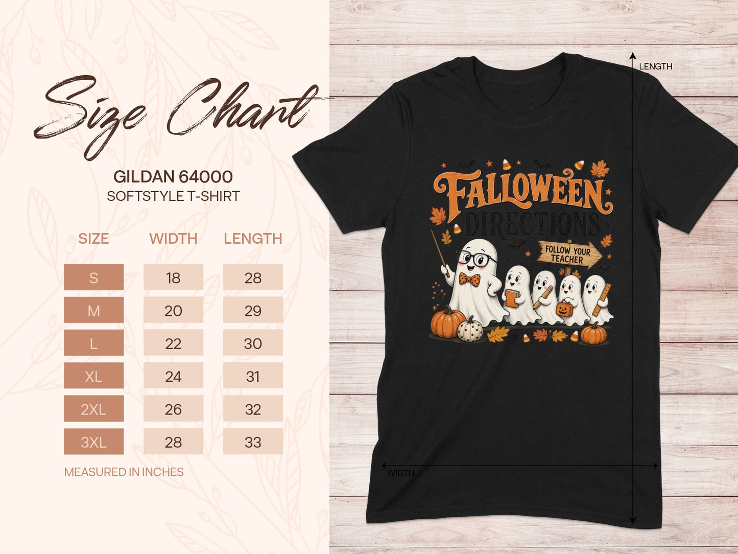 Gildan 64000 size chart with "Falloween Directions" ghost graphic.