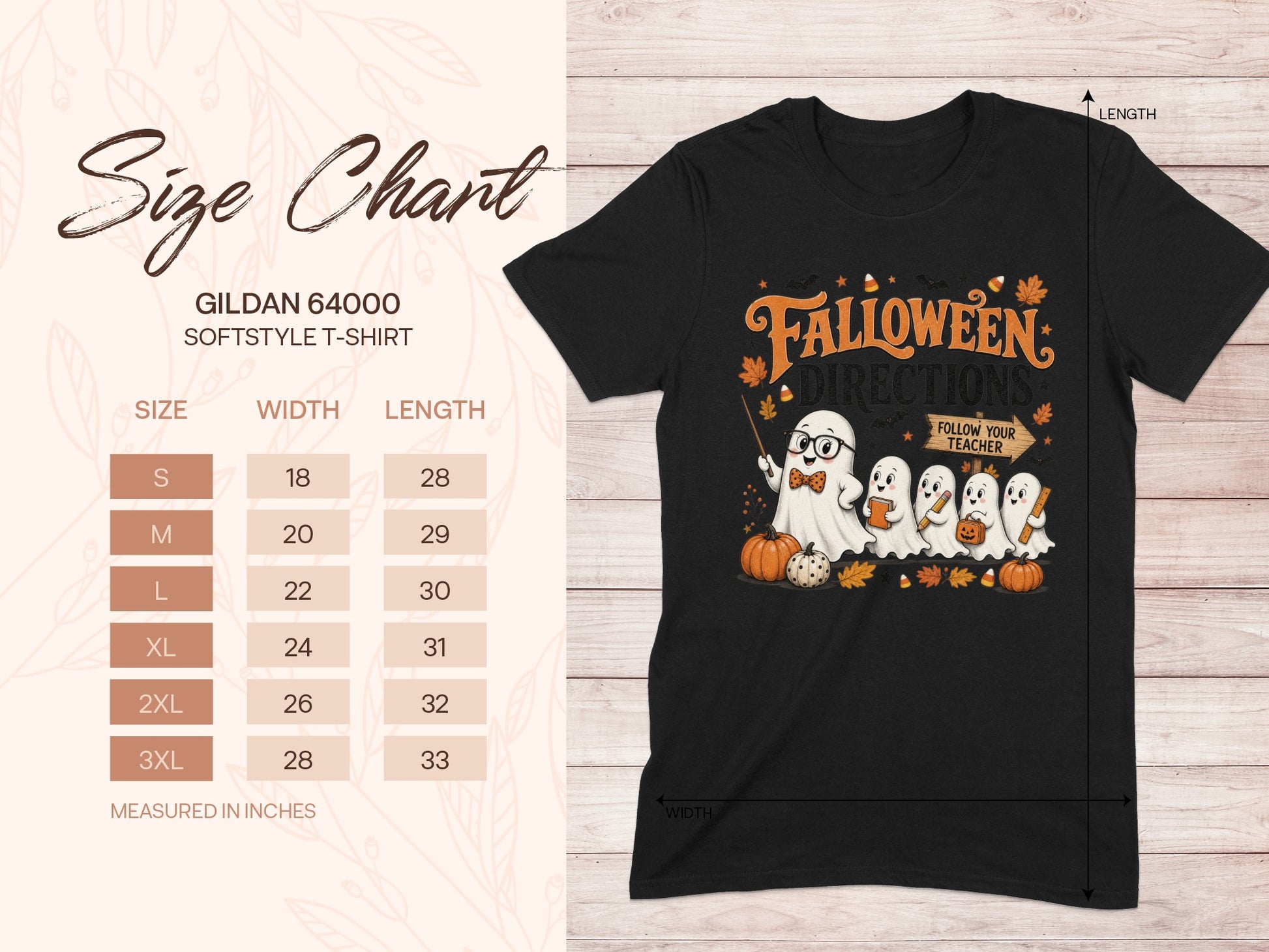 Gildan 64000 size chart with "Falloween Directions" ghost graphic.