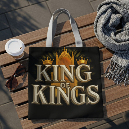Tote bag with "KING OF KINGS" text and crown design on black background.