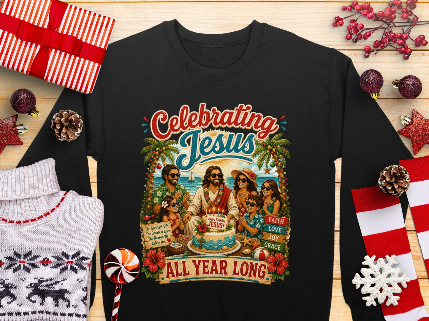 Crewneck sweatshirt with "Celebrating Jesus" and a religious beach scene.