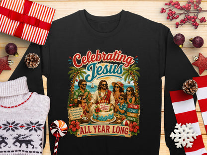 Crewneck sweatshirt with "Celebrating Jesus" and a religious beach scene.