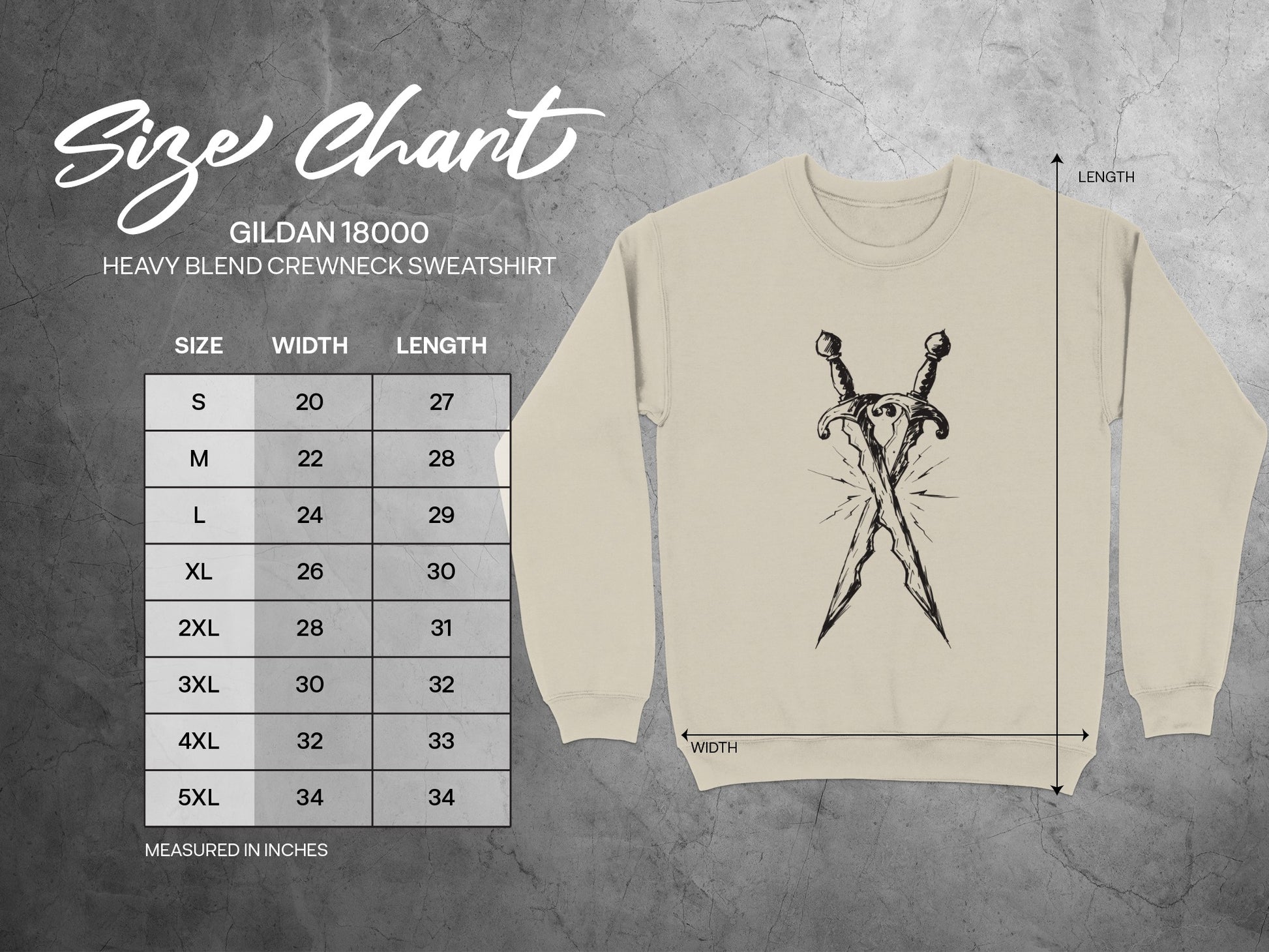 Gildan 18000 sweatshirt size chart with measurements for width and length.